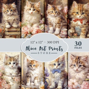 Vintage süße Katze und Blumen Aquarell Papier, Shabby Chic Scrapbook Hintergrund, viktorianische Decoupage Papier, Kartenherstellung, Journaling Seiten