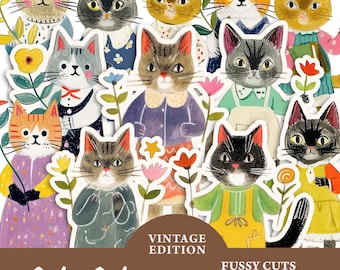 Funny Cats Fussy Cuts, Printable Kitty Cat Paper Dolls Images card making, Vintage Folk Art Cats Junk Journal Supplies, Sticker, Scrapbook