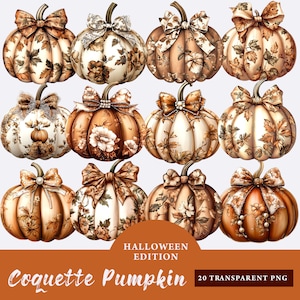 Coquette Pumpkin with Bow Clipart Bundle, Cute Coquette Pumpkin PNG, Pretty Halloween Clipart, Watercolor Pumpkins Png, Autumn sublimation