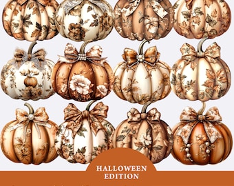 Coquette Pumpkin with Bow Clipart Bundle, Cute Coquette Pumpkin PNG, Pretty Halloween Clipart, Watercolor Pumpkins Png, Autumn sublimation