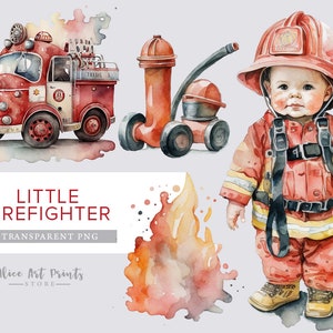 Watercolor Firefighter Clipart, Firetruck PNG, Kids Fireman Clip Art, Firetruck Birthday Boy Clipart, Firefighter Party, Proffesion Clipart