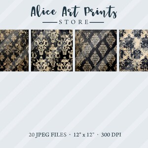 May include: Set of 20 digital paper designs featuring a black and gold damask pattern with a distressed, vintage look. Each design is 12 inches by 12 inches and 300 DPI.