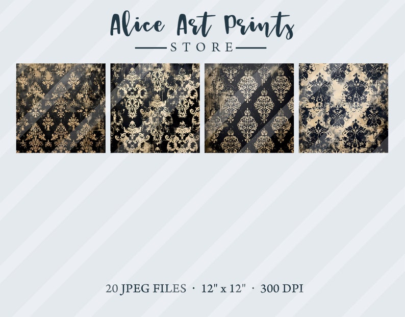 May include: Set of 20 digital paper designs featuring a black and gold damask pattern with a distressed, vintage look. Each design is 12 inches by 12 inches and 300 DPI.