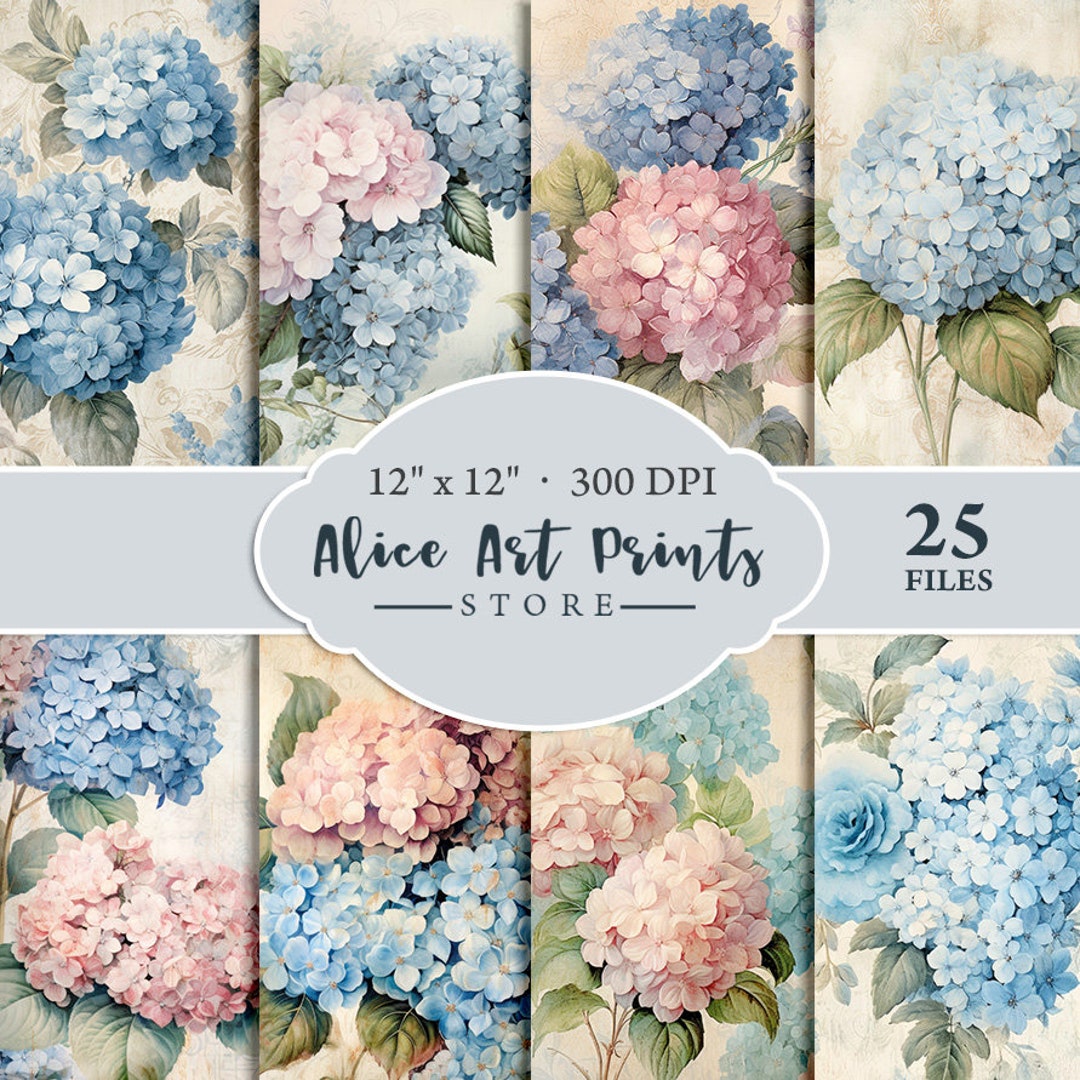 Blue and Pink Hydrangea Digital Paper, Vintage Ephemera, Printable