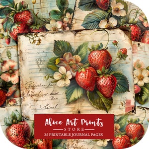 Pages de journal vintage aux fraises, page de journal botanique, papier imprimable fraise de la ferme pour le scrapbooking, feuille de collage d'été