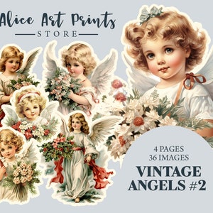 Éphémères vintage d'ange de coupe pointilleuse pour des revues de rebut, téléchargement numérique de bébé anges de Noël, feuille de collage imprimable, découpes