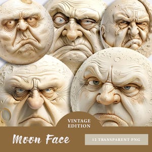 Retro Moon Face PNG Clipart Bundle, Angry Moon Faces Vintage Ephemera for Junk Journal, Halloween Clip Art, Scrapbooking, Craft Projects