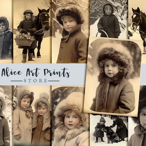 Junk Journaling Ephemera, Junk Journal Vintage bambine e ragazzi, foto retrò invernali digitale, stampabile 1900 era vecchia foto bambini