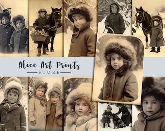 Junk Journaling Ephemera, Junk Journal Vintage Little Girls and Boys, Winter Retro Photos Digital, Printable 1900 era old photo children