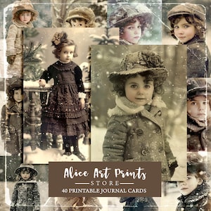 Junk Journaling Ephemera, Junk Journal Vintage kleine Mädchen und Jungen pic, Winter Retro Fotos Digitale Karten, druckbares altes Kinderfoto