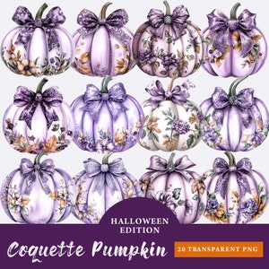 Purple Floral Pumpkin With Coquette Bow & Diamonds clipart Bundle, Cute Coquette Pumpkin PNG, Watercolor Pumpkins Png, Autumn sublimation