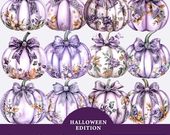 Purple Floral Pumpkin With Coquette Bow & Diamonds clipart Bundle, Cute Coquette Pumpkin PNG, Watercolor Pumpkins Png, Autumn sublimation
