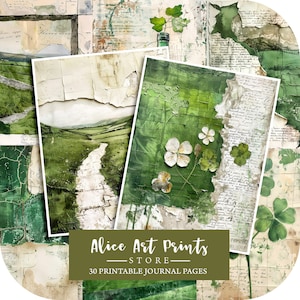 Páginas de diarios basura del campo irlandés, conjunto de papel de álbum de recortes imprimible de paisajes irlandeses, collages irlandeses grunge, textura neutra, fondo