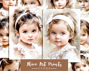Watercolor Victorian girls junk journal cards, Vintage portrait Baby Girl Journaling Card, Retro Little Girls Card Making Scrapbook Graphics