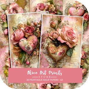 Victorian Valentine&#39;s Day Digital Half Paper, Valentine Junk Journal Pages, Valentine&#39;s Day Papers Collage, Pink Hearts Scrapbook Background