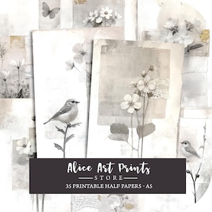 Conjunto de papel para álbum de recortes con collages de arte de flores de primavera, efímeras neutrales, diario basura, flores de encaje, pájaros, fondo de collages grunge