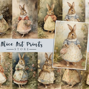 Pode incluir: Impressões em aquarela com coelhos antropomórficos em roupas vintage. Os coelhos são retratados em várias poses, usando vestidos, aventais e jaquetas. As impressões têm uma paleta de cores suaves e pastel e uma estética de livro de histórias. O texto "Alice Art Prints STORE" é visível.