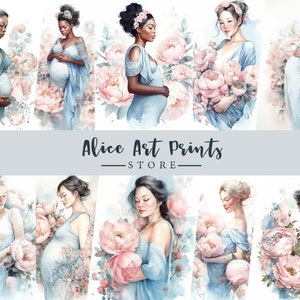 Carte de journalisation de belles femmes enceintes aquarelle, peintures de portrait de femme enceinte cartes ATC, maman Boho à imprimer numériquement, éphémères