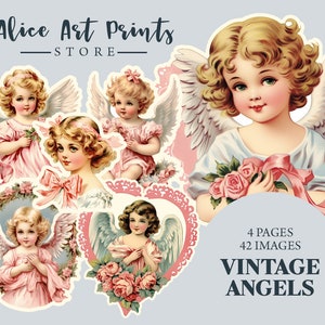 vintage Pink Angel Fussy Cut Ephemera for Junk Journals, Valentine’s Day Baby Angels Téléchargement numérique, Feuille de collage imprimable, Découpes