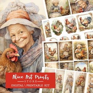 Kit numérique grand-mère et poulet, journaux éphémères de la vie à la ferme, ensemble numérique de création de ferme vintage, fabrication de cartes, clipart de ferme vintage