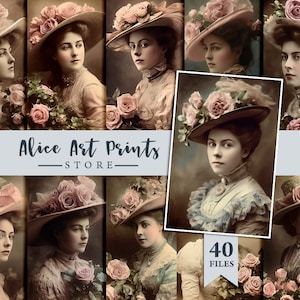 vintage Belles femmes et roses roses shabby chic, Vieille photographie victorienne déchirée et usée, éphémères de journaux indésirables, photos vintage de scrapbooking