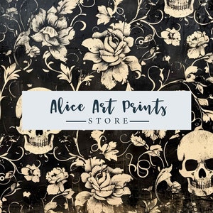 May include: A black and gold floral pattern with skulls. The text "Alice Art Prints - STORE" is in the center of the image.