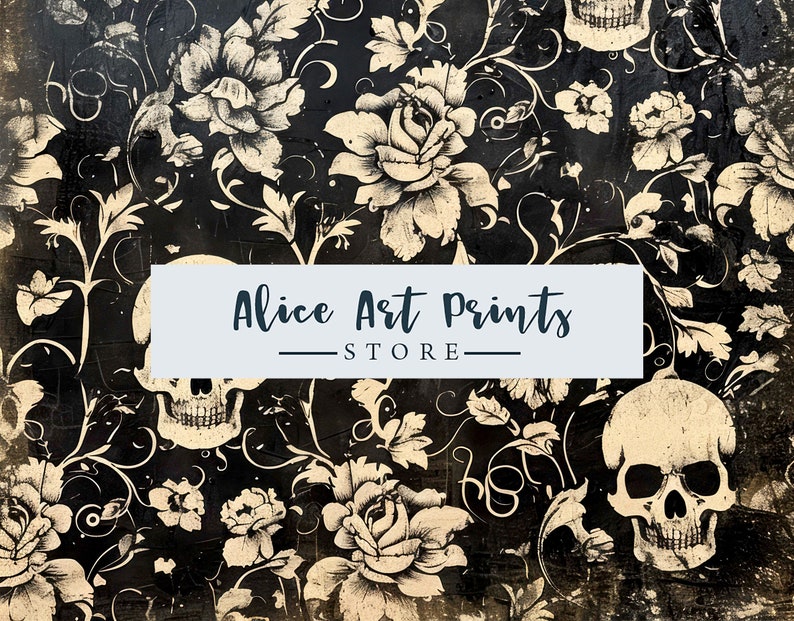 May include: A black and gold floral pattern with skulls. The text "Alice Art Prints - STORE" is in the center of the image.