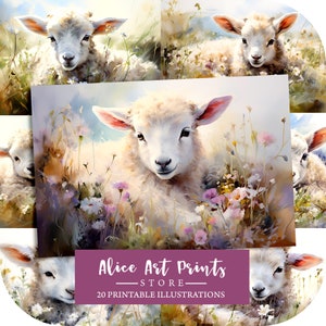 Aquarelle de bébé endormi, journal de bordel de ferme, papier numérique pour scrapbooking, mouton, fleurs, pages imprimables, téléchargement immédiat