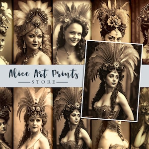 Viktorianisches Showgirl mit ausgefallenem Kopfschmuck, Junk Journaling Ephemera, Junk Journal Retro Fotos Digital, Vintage schöne junge Frau