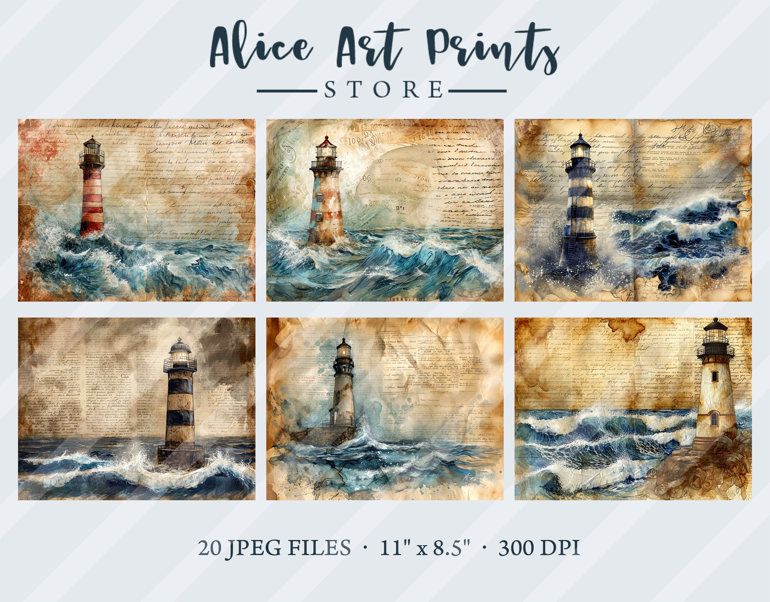Watercolor Lighthouse Junk Journal Kit, Shabby Chic Ocean Journal Pages ...