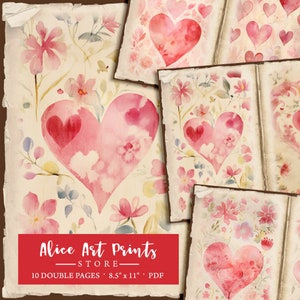 10 Pink Heart Junk Journal Pages, Goa-inspired motifs Scrapbooking Page, Atmospheric Watercolors Valentine's Day Digital Paper Collage Sheet
