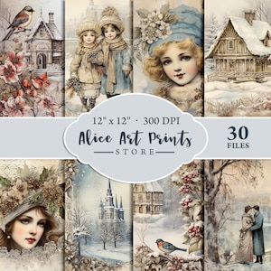 Papel digital vintage de inverno para impressão, coisas efêmeras do país das maravilhas do inverno, páginas de neve de fantasia, download de diário de lixo, álbum de recortes, criação de cartões
