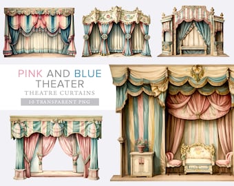 Vintage Paper Theater, 10 French Theater Dollhouse, Printable Curtain junk journal digital vintage ephemera, card making, scrapbooking