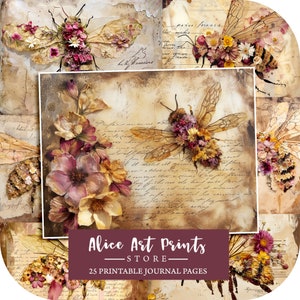 Páginas de diário Bee Junk, papel digital EcoPrint desgastado com flores secas prensadas, kit de colagem de fundo de scrapbook para impressão Grunge Boho