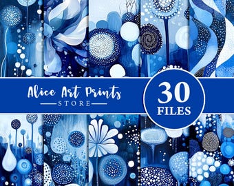 Abstract Digital Paper Whimsical Painting of blues and whites Scrapbooking Paper Watercolor Abstract Backgrounds Printable Paper Set