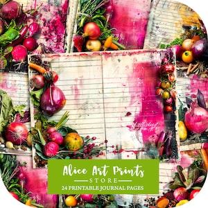 24 Cookbook Junk Journal Pages, Cooking Digital Scrapbook Paper Kit, Cooking Pages Shabby Chic Backgrounds, Kitchen Ephemera, Food Vegetable