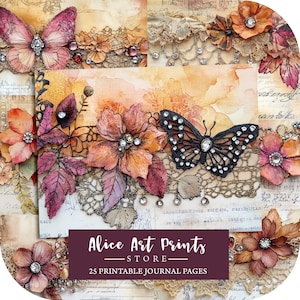 Pagine di diario autunnale Shabby Chic Junk, carte romantiche per album autunnali, collage di ritagli strappati stampabili in pizzo autunnale accogliente, sfondi effimeri