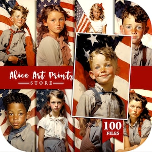 100 patriotische amerikanische Kinderporträts, Junk Journal Kit zum Unabhängigkeitstag, Vintage-Karten zum 4. Juli, amerikanische Flagge, Kartenherstellung, Journaling