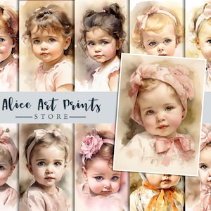 Aquarelle vintage bébé fille, portrait - cartes de journal indésirable, carte de journalisation, cartes de peintures de fille romantique, images éphémères pour le bricolage