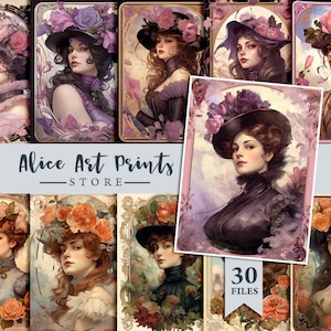 Vintage Beautiful Women in a Victorian - era dress and Rococo Journaling Card, Romantic ladies paintings ATC Cards, Ephemera images for DIY