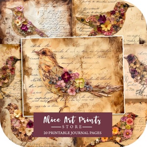 Páginas de diario basura con pájaros, papel digital EcoPrint desgastado con flores prensadas secas, kit de collage de fondo para álbum de recortes imprimible con estilo boho grunge