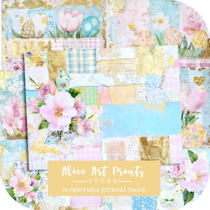 Chutes de carnet de bordel de printemps shabby chic, Papiers numériques de Pâques minables à la feuille d'or, Pages d'échantillons de papier peint grunge, arrière-plans de collages d'albums