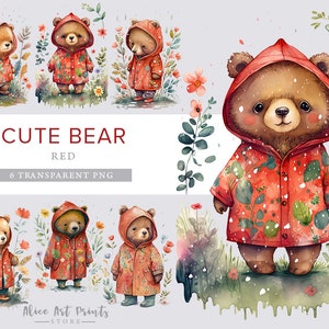 Imágenes Prediseñadas de acuarela de oso lindo, imágenes prediseñadas de oso de peluche, osito en un bosque de cuento de hadas PNG, oso bebé adorable PNG - imágenes prediseñadas de guardería - niños