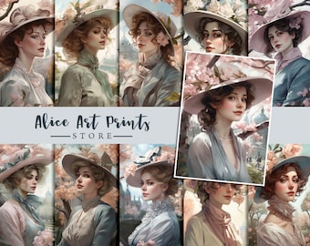 Vintage hermosa tarjeta de diario de mujer victoriana francesa, pinturas de damas románticas tarjetas ATC, imágenes efímeras para bricolaje