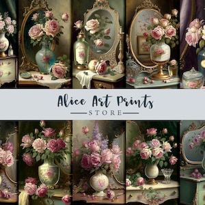 Intérieur shabby chic et belles roses Junk Journal Papers, vintage Rococo painting roses Junk Journal Pages Printable, Journaling Cards