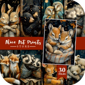 Cartes de journal imprimables aquarelle animaux de la forêt endormie, ensemble carte postale et affiche animaux de la forêt, câlins animaux étiquettes de journal indésirable