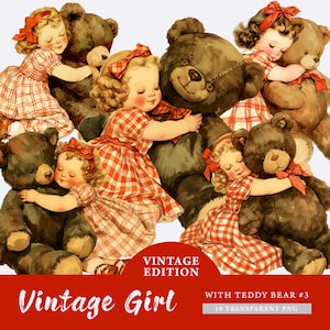 Little Girl with Teddy Bear Clipart Bundle, transparent PNG, Vintage Cute Girls Clipart, Sublimation, Paper craft, Junk Journal Scrapbooking