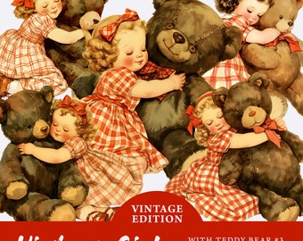 Paquete de imágenes prediseñadas de niña con osito de peluche, PNG transparente, imágenes prediseñadas vintage para niñas lindas, sublimación, artesanía de papel, scrapbooking de diario basura