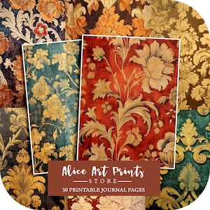 May include: A collage of 30 printable journal pages featuring intricate floral patterns in shades of gold, red, and teal. The text "Alice Art Prints - STORE - 30 Printable Journal Pages" is displayed at the bottom of the image.