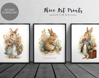 Set di 3 stampe acquerellate di Peter Rabbit, arte per la cameretta dei bambini, decorazioni per la cameretta, decorazioni murali per la cameretta dei bambini, regalo per baby shower, decorazioni murali ispirate a Beatrix Potter